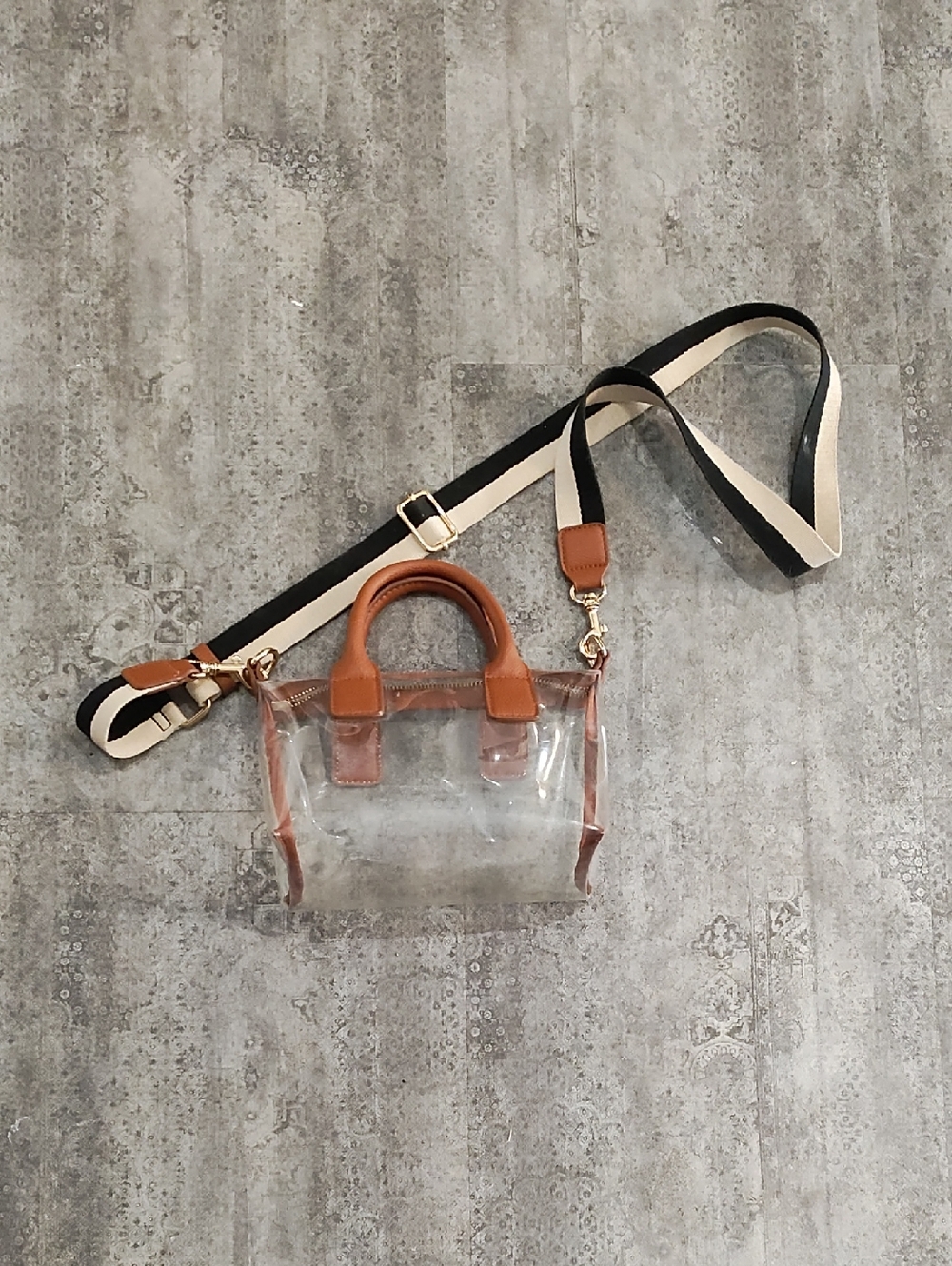 Target Clear Crossbody Bag with Tan Trim and Black-White Strap